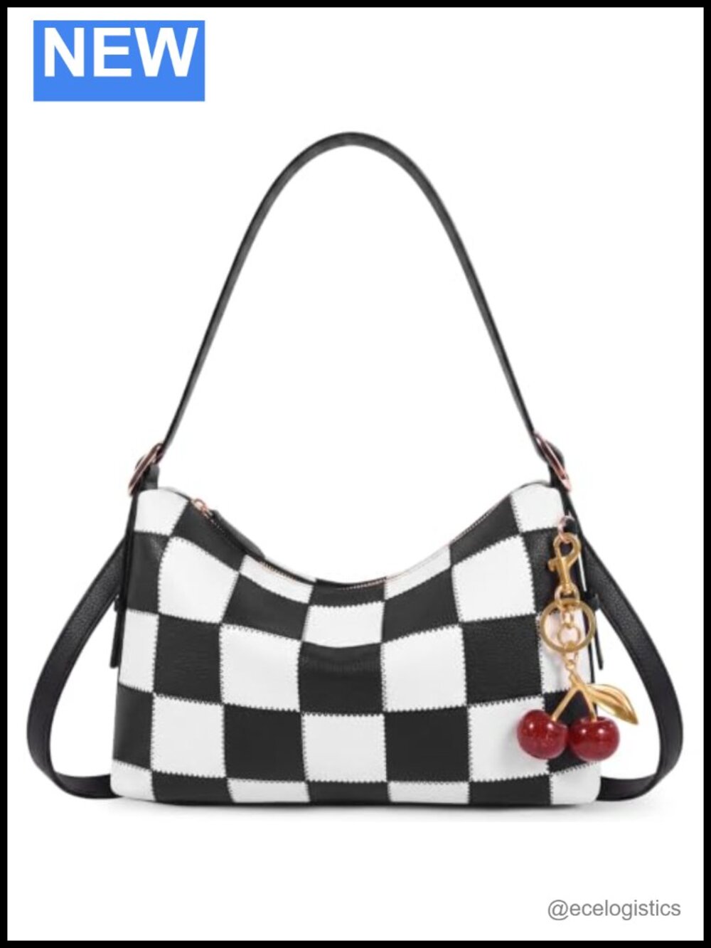 Checkered Vegan Leather Hobo Shoulder Bag with Cherry Charm Crossbody Purse for